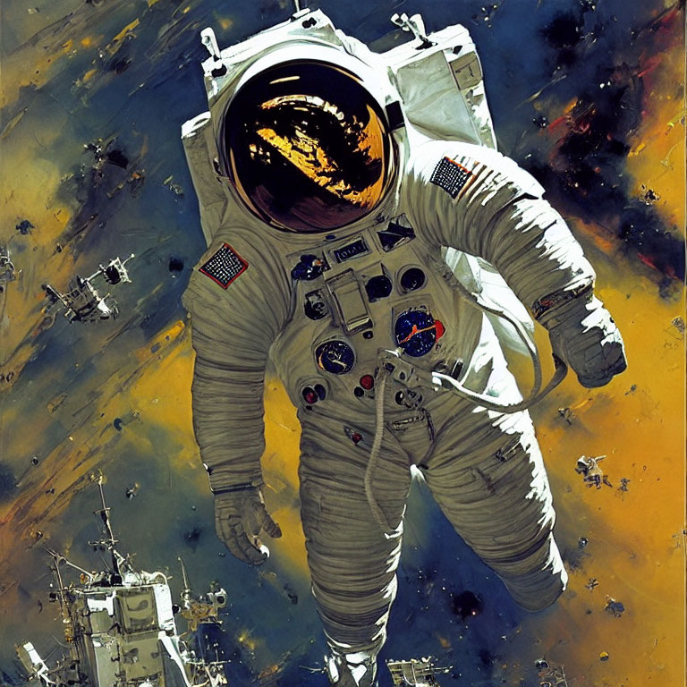 Astronaut in white space suit with gold visor above colorful space depiction