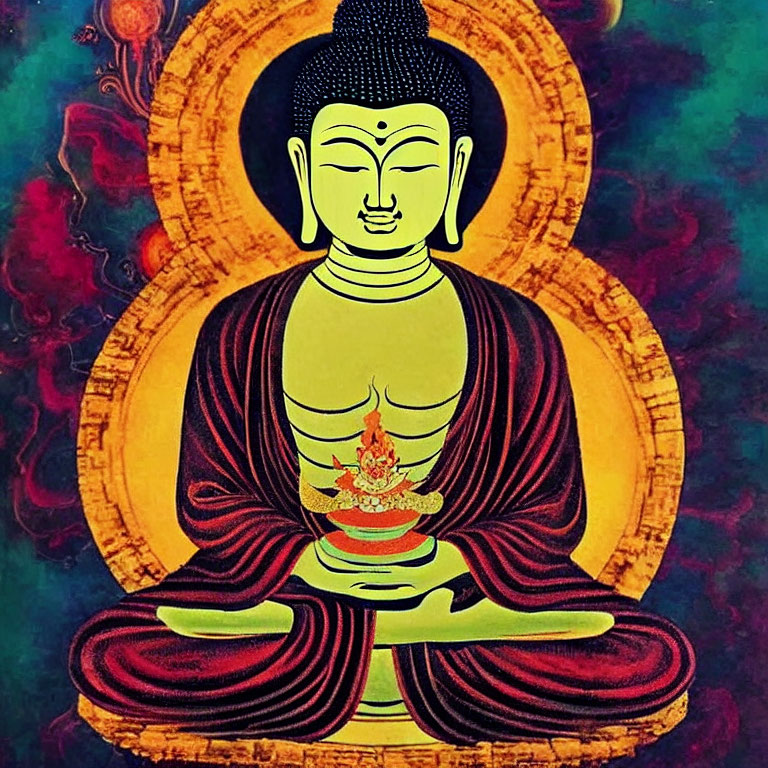 Seated Buddha illustration with intricate patterns and flame-like aura