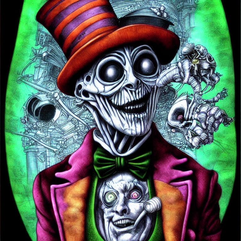 Skeleton in Suit and Top Hat with Eerie Green Glow on Mechanical Background