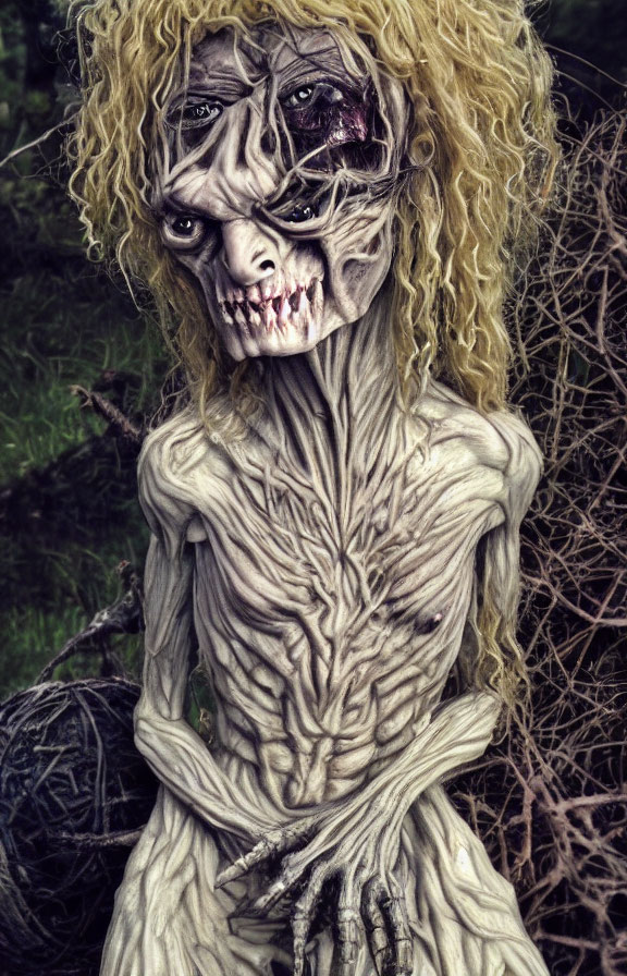 Grotesque character with sharp teeth and wild blonde hair in underbrush