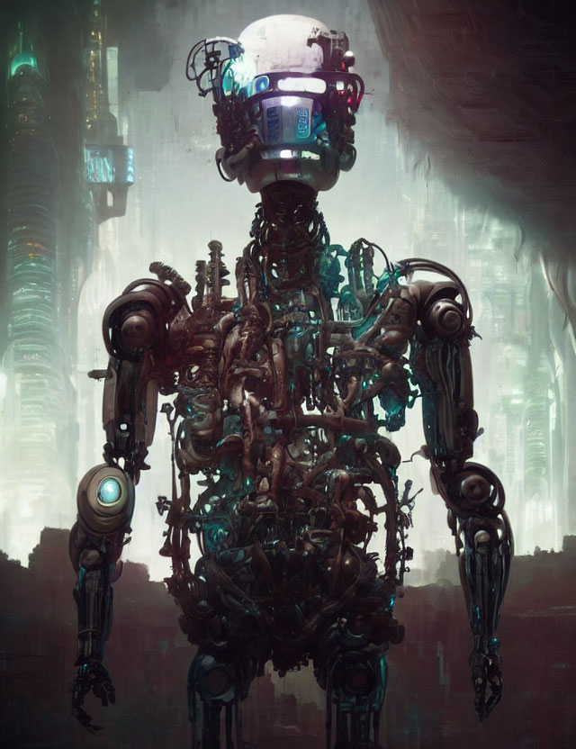 Intricate robot with exposed wiring in futuristic cityscape.