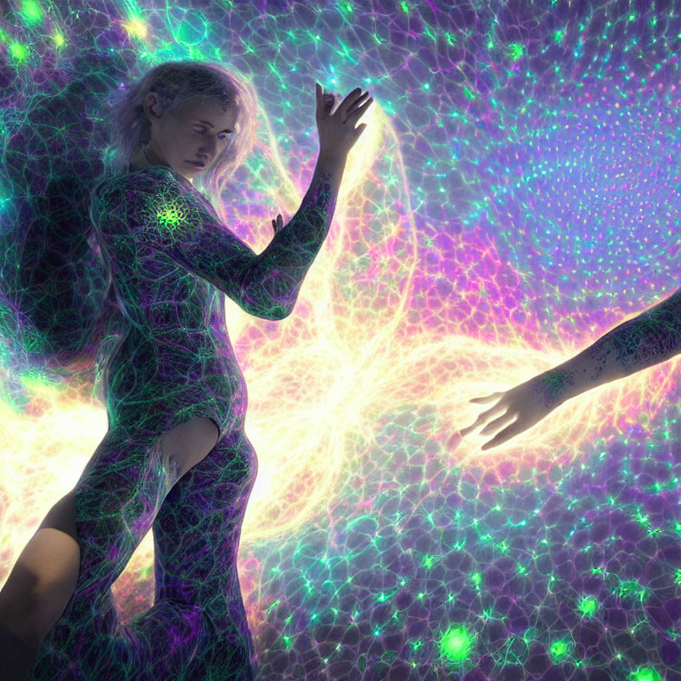Person with glowing fractal pattern reaching towards hand in cosmic background