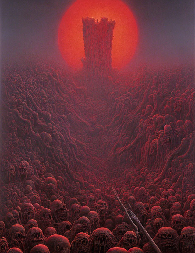 Dark Fantasy Landscape with Red Sun and Tower of Skulls