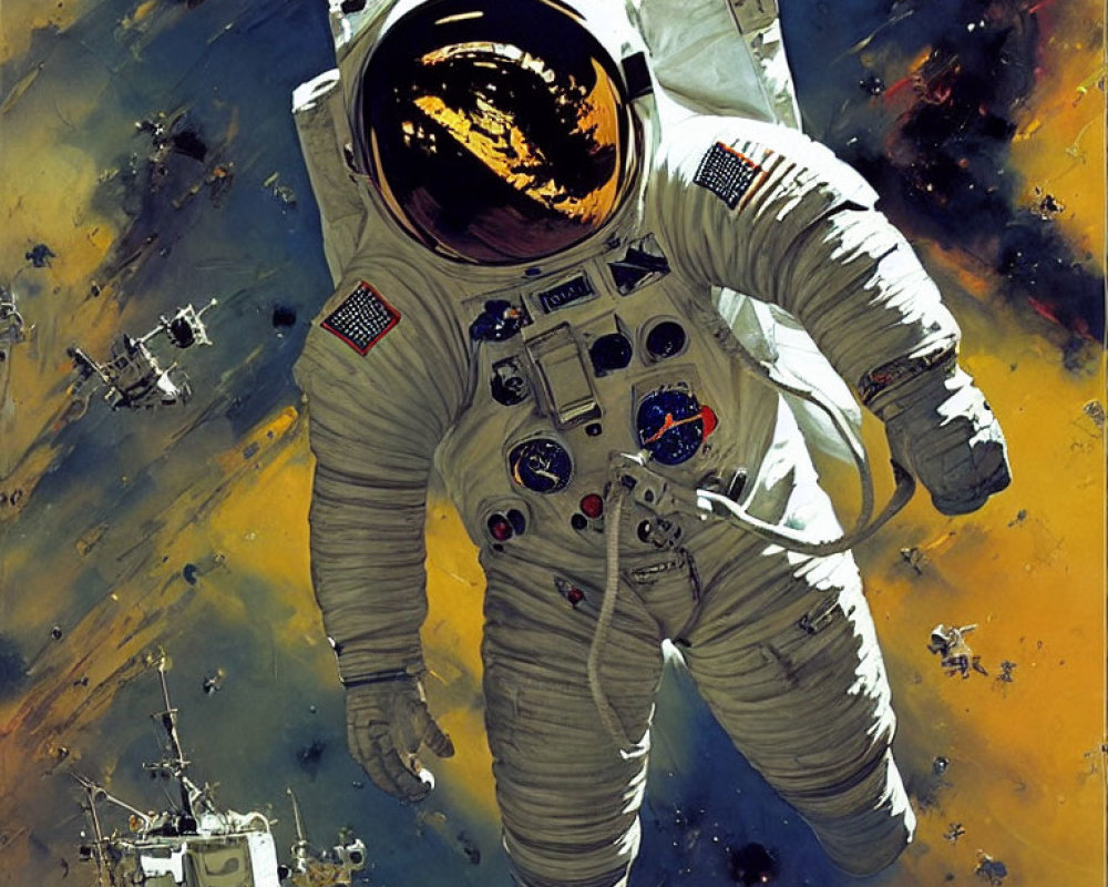 Astronaut in white space suit with gold visor above colorful space depiction