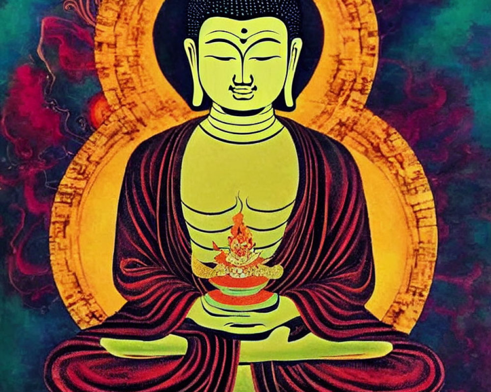 Seated Buddha illustration with intricate patterns and flame-like aura