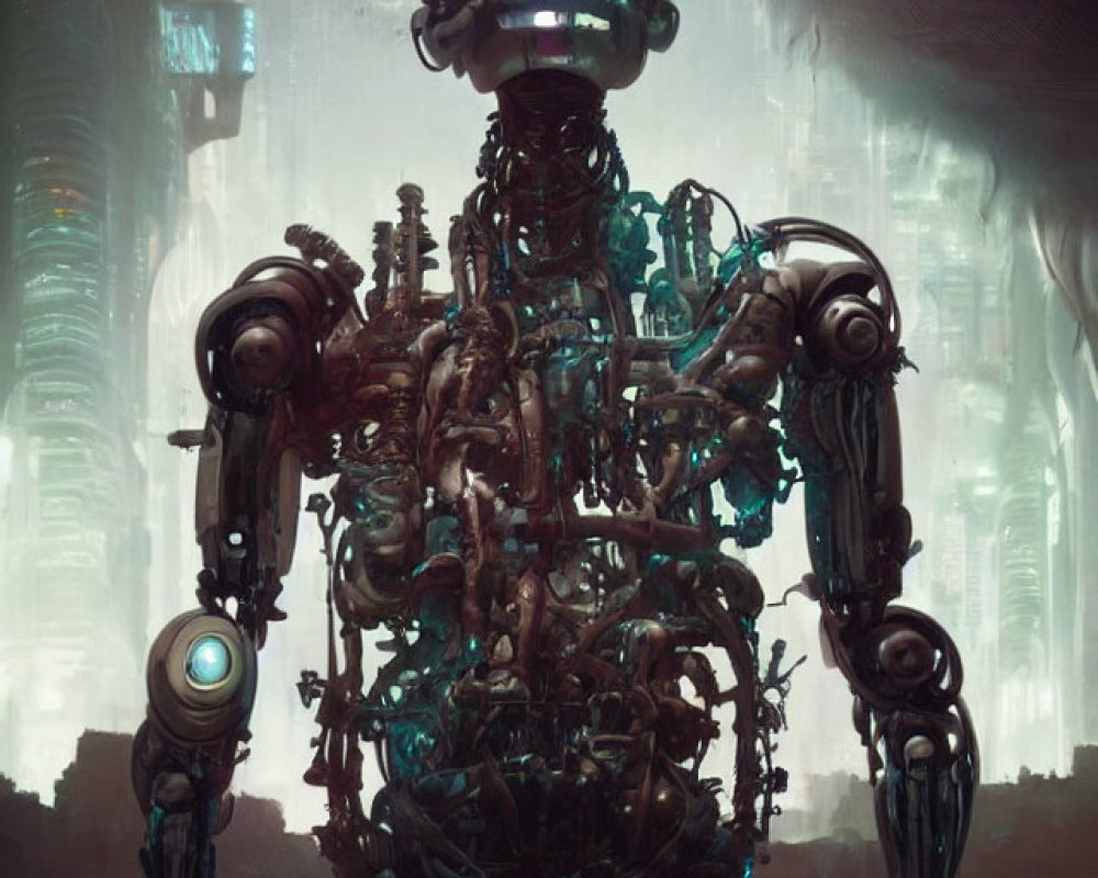 Intricate robot with exposed wiring in futuristic cityscape.
