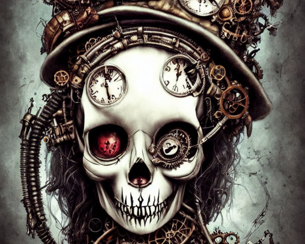 Gothic steampunk skull with clock gears and mechanical parts