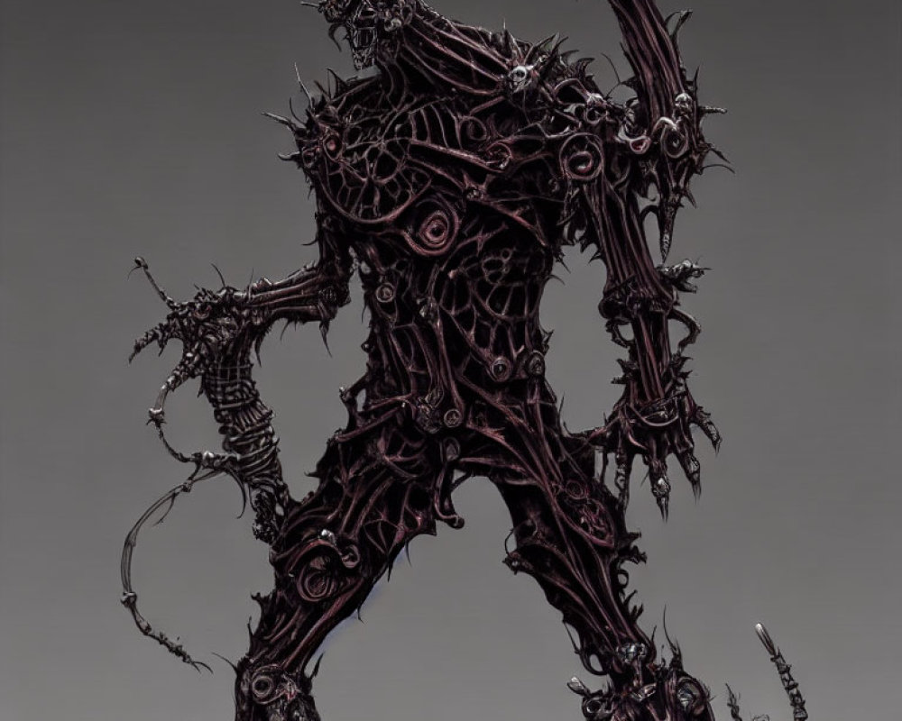 Intricate dark fantasy figure with twisted metallic structures and bone-like elements