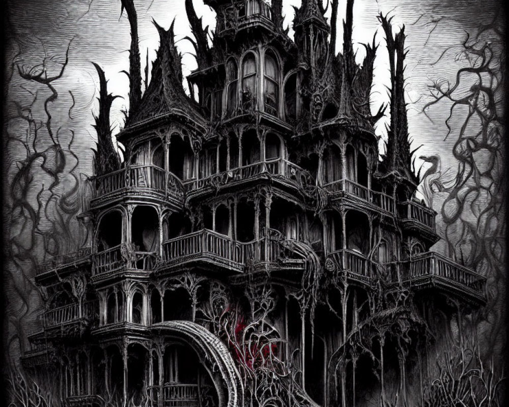 Detailed black and white gothic mansion illustration with eerie red window