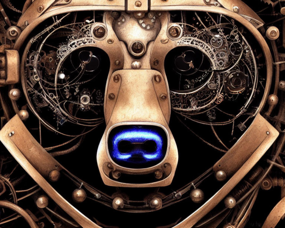 Steampunk-style mechanical face with gears and glowing blue mouthpiece on bronze background.
