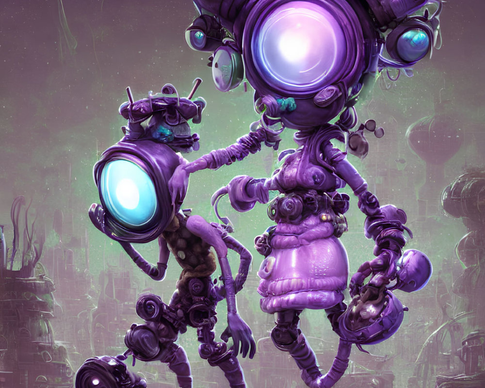Whimsical robots with glowing cores in futuristic setting