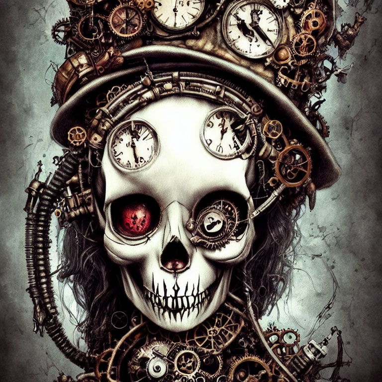 Gothic steampunk skull with clock gears and mechanical parts