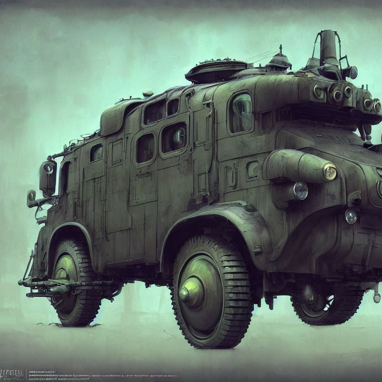 Armored dystopian vehicle with oversized tires and heavy-duty plating