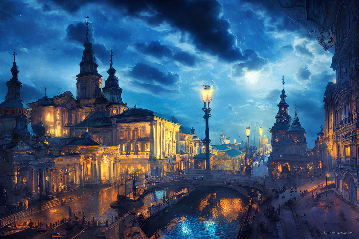 Twilight cityscape with ornate buildings, streetlamps, canal reflections, and dramatic sky