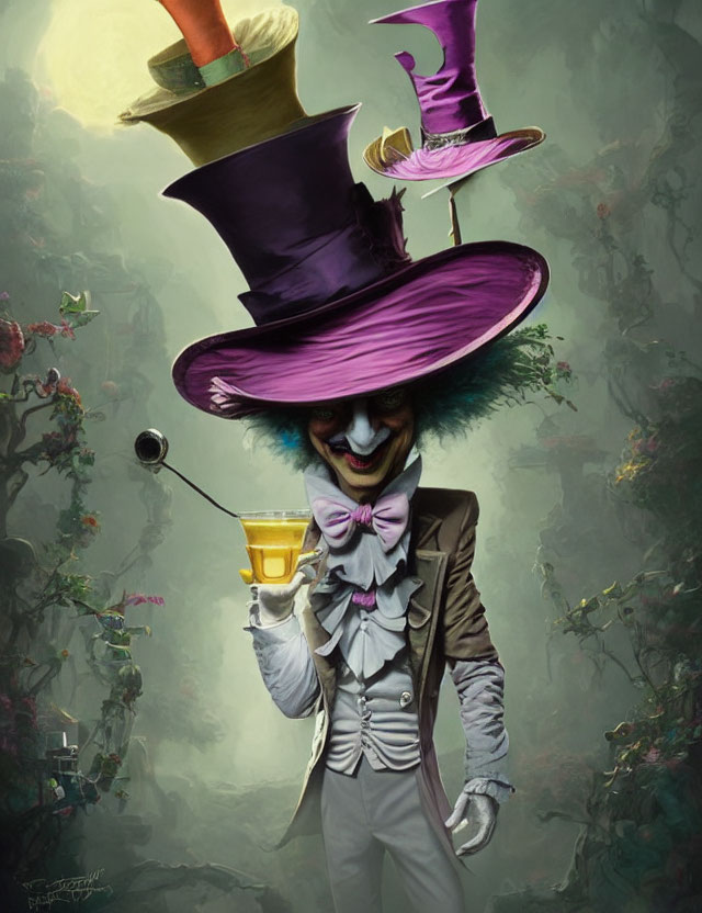 Whimsical character in purple hat with tea cup in enchanted forest