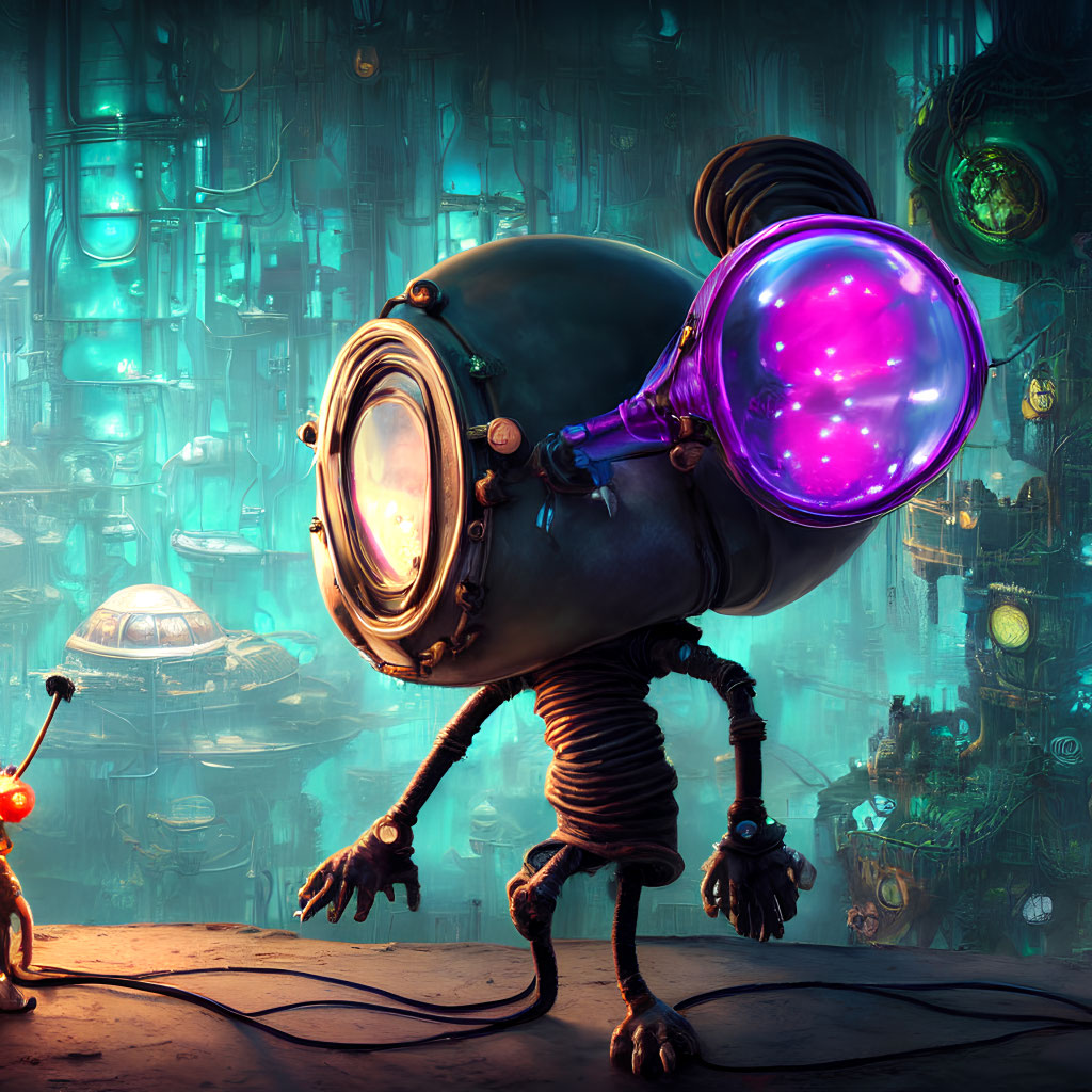 Whimsical robotic figure with glowing purple eye in futuristic industrial setting