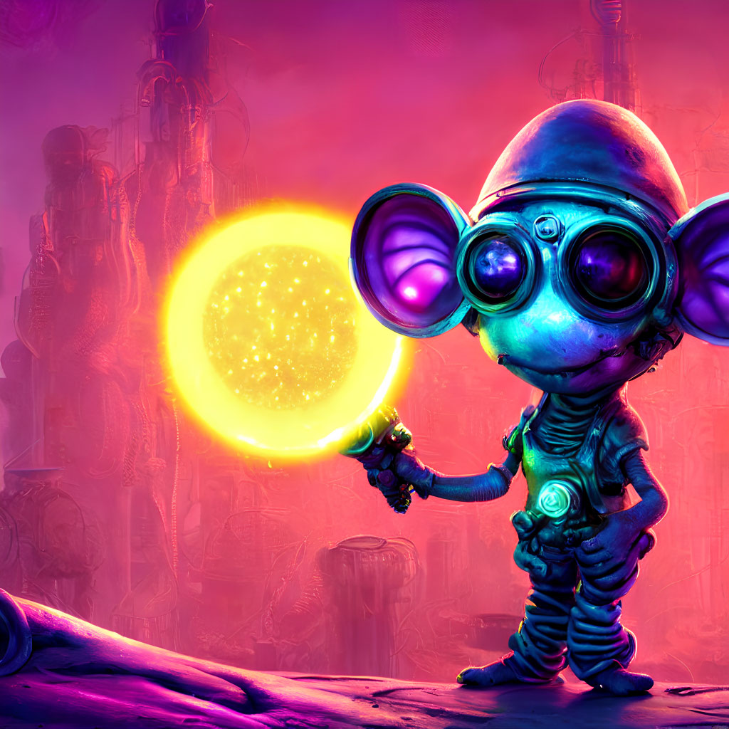 Cartoon alien in space suit holding glowing orb on futuristic purple planet