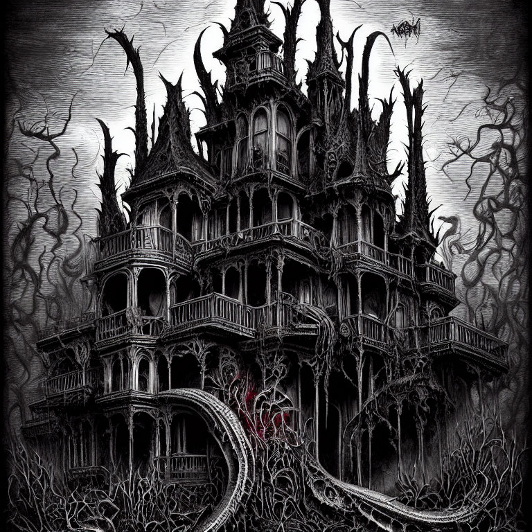 Detailed black and white gothic mansion illustration with eerie red window