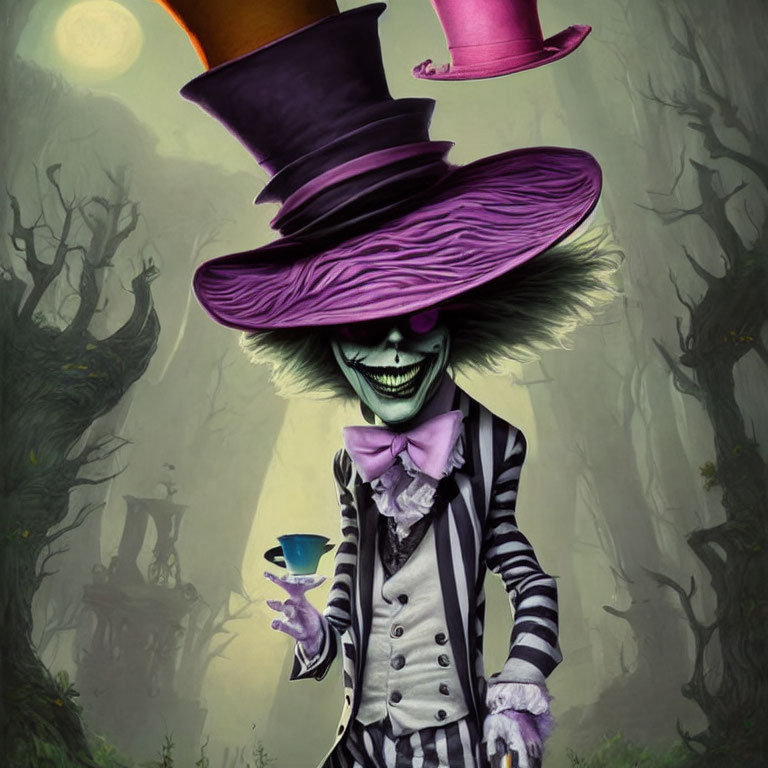 Whimsical character with oversized hat in eerie forest