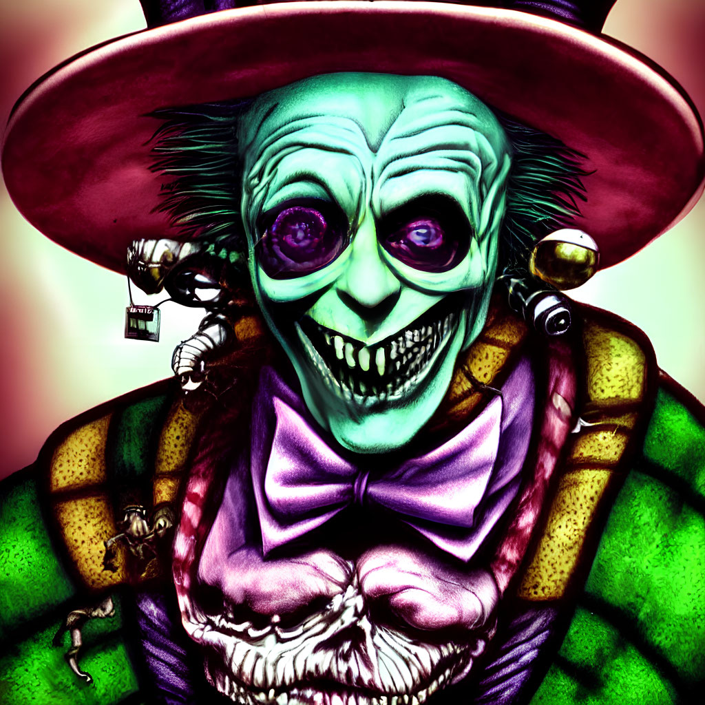 Colorful Sinister Clown Illustration with Purple Hat and Green Plaid Suit