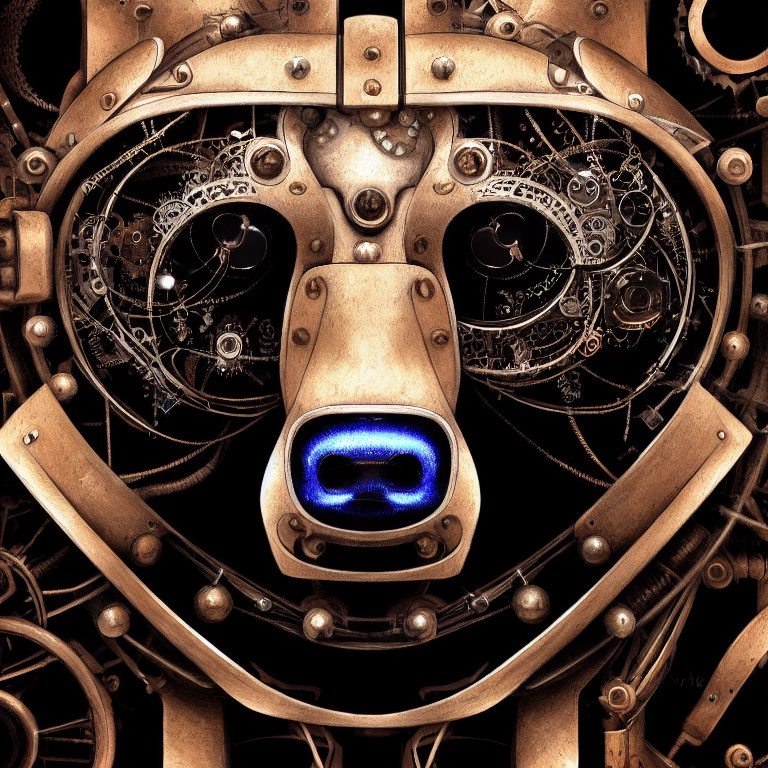 Steampunk-style mechanical face with gears and glowing blue mouthpiece on bronze background.
