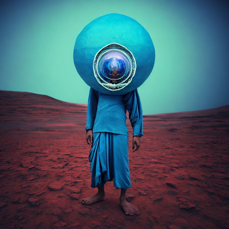 Person in Blue Robe Standing on Red Desert Landscape with Giant Eye-Shaped Object