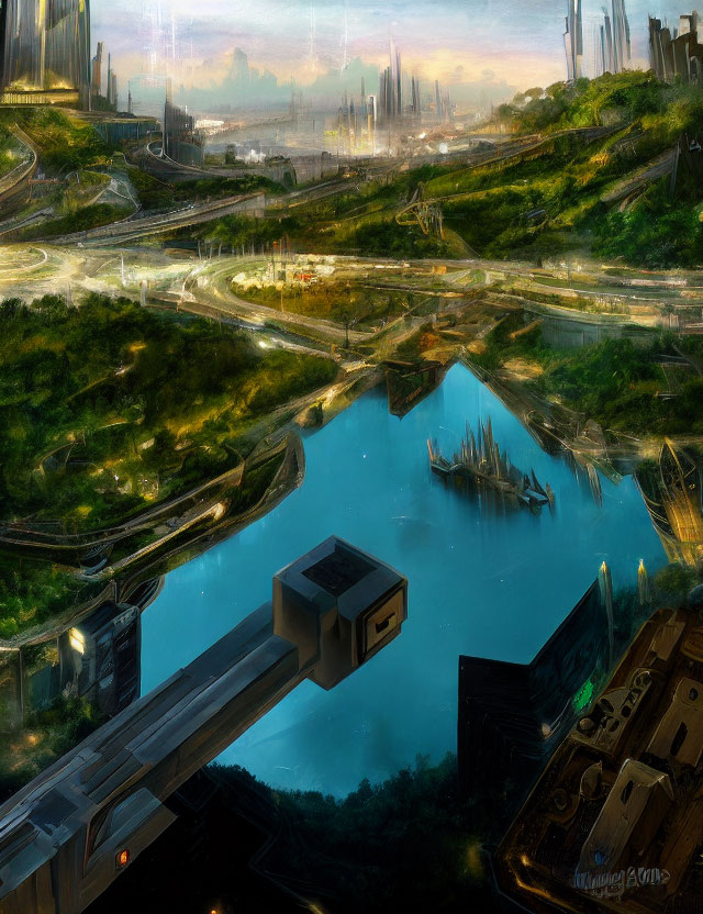 Futuristic cityscape with greenery, river, advanced architecture, flying vehicles at dusk