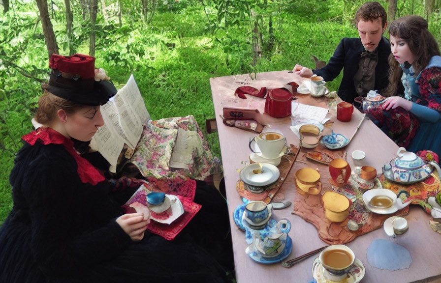 Victorian-themed outdoor tea party with whimsical attire and elaborate tea sets