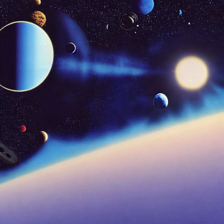 Vibrant space scene with planets, star, and nebula viewed from surface