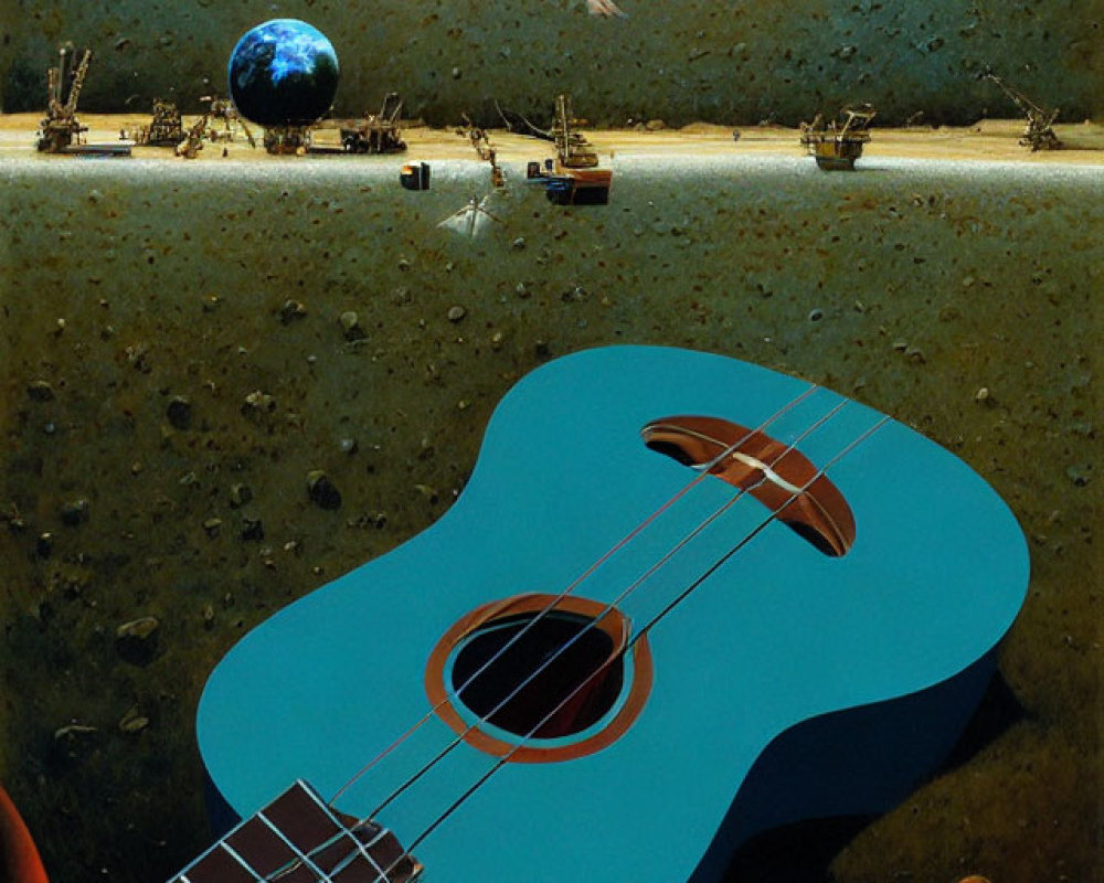 Astronaut in space above surreal landscape with giant blue guitar