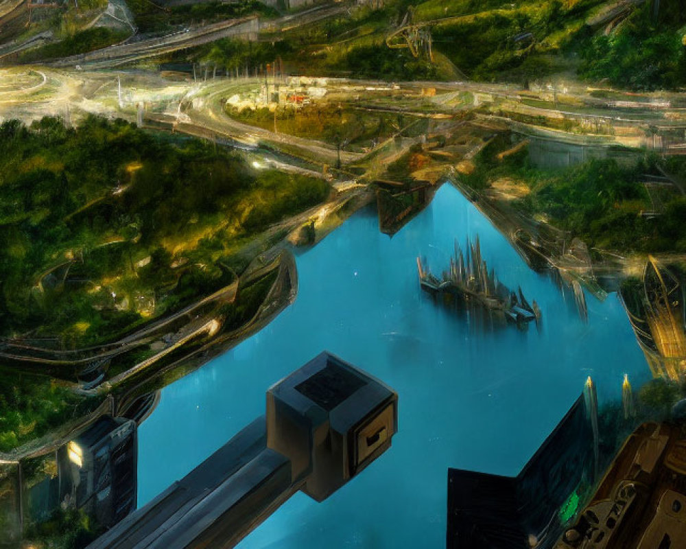 Futuristic cityscape with greenery, river, advanced architecture, flying vehicles at dusk