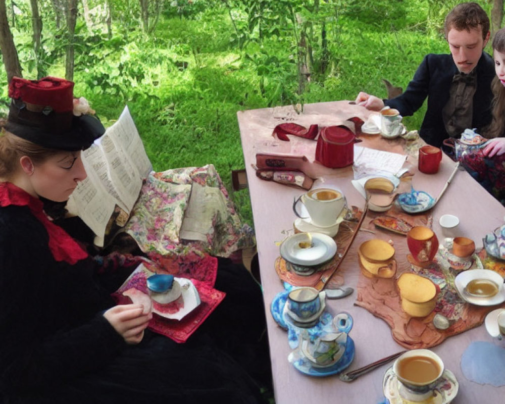 Victorian-themed outdoor tea party with whimsical attire and elaborate tea sets