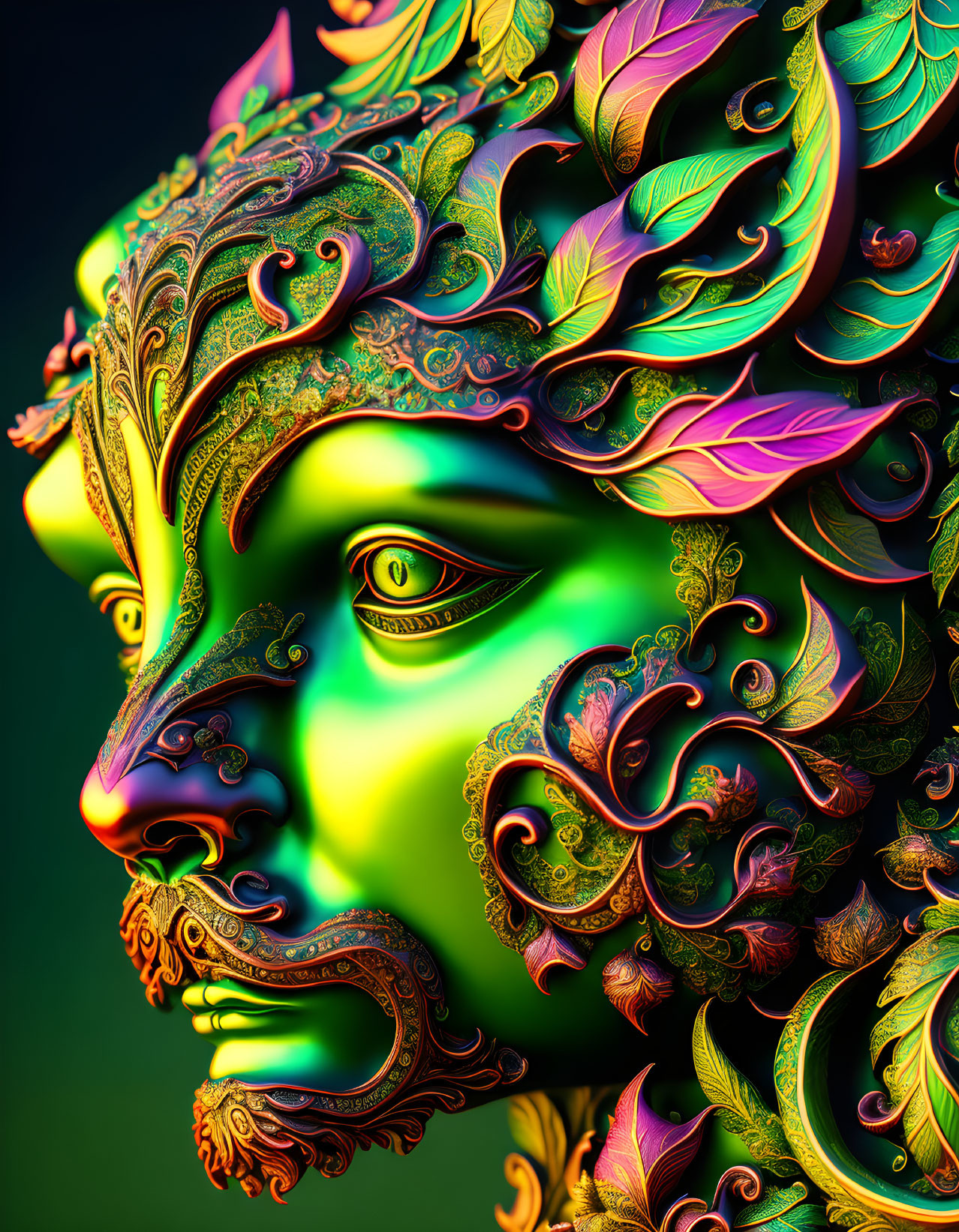 Colorful digital portrait with leaf-like patterns in green, gold, and purple.