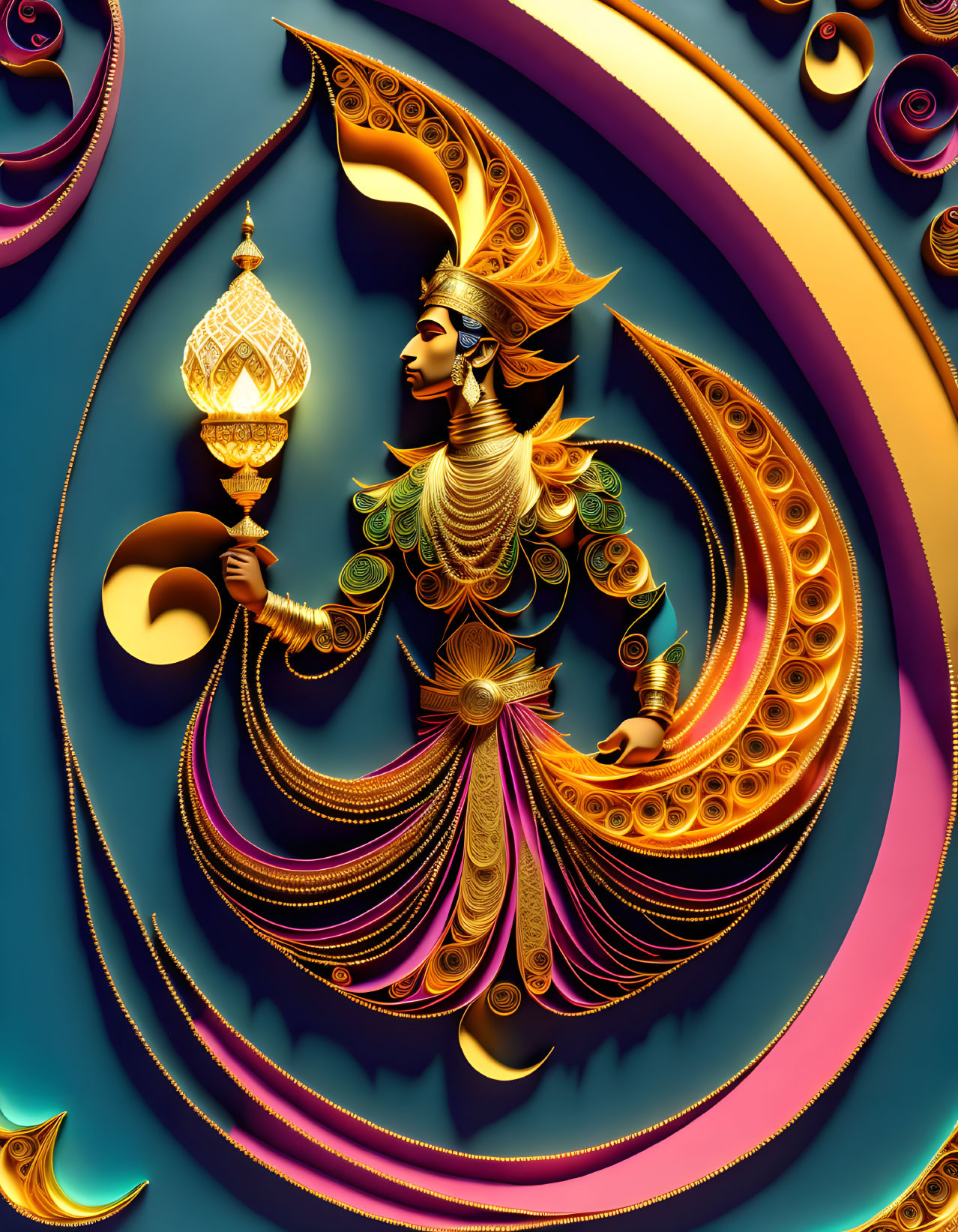 Digital artwork of stylized figure in ornate golden armor against crescent moon.