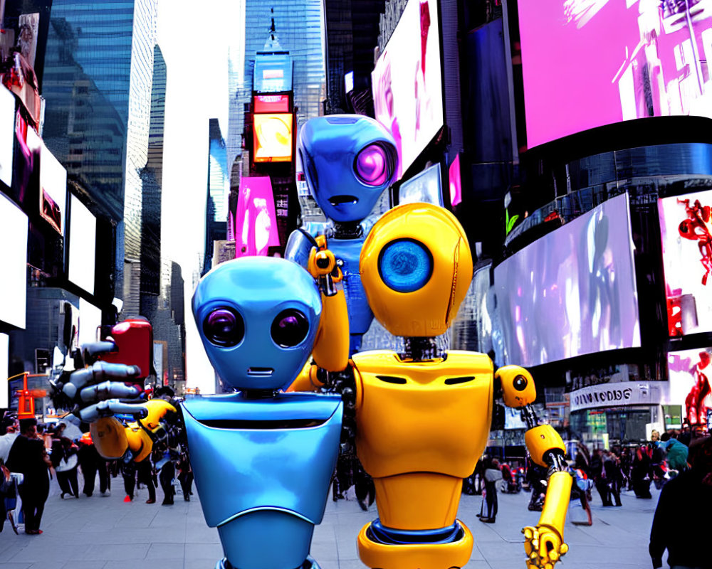 Colorful Robots with Expressive Eyes in Times Square Amid Digital Billboards