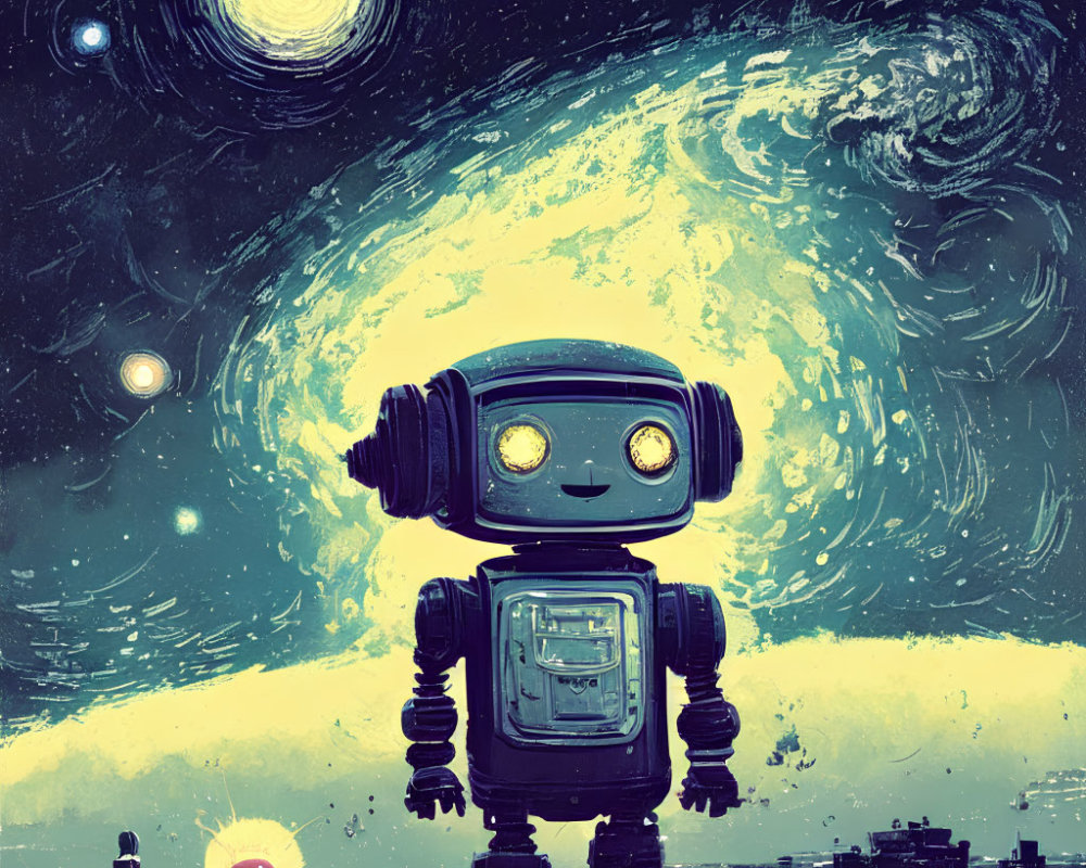 Illustration of large-eyed robot under starry sky with celestial bodies and small glowing figure