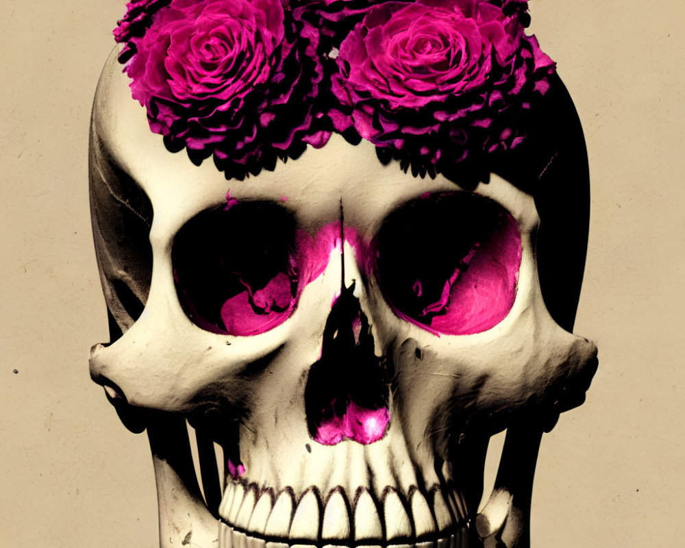 Skull with Pink Eyes and Crown of Purple Roses on Sepia Background