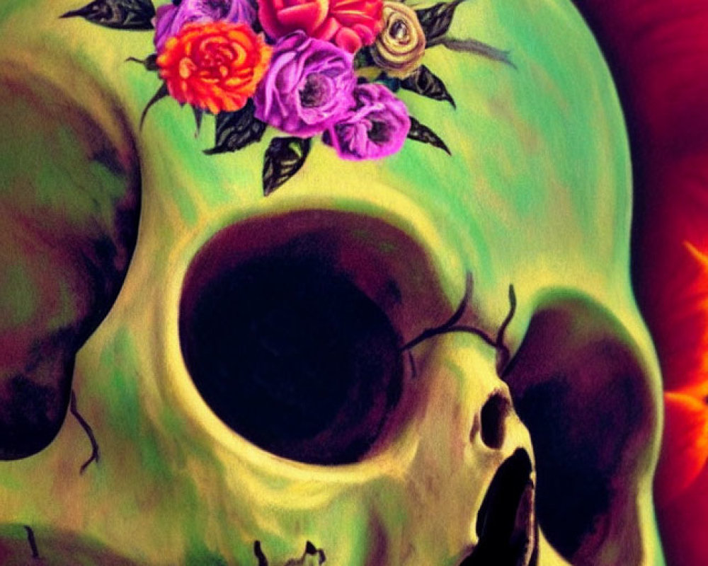 Colorful Flower Skull Illustration on Dark Red Background