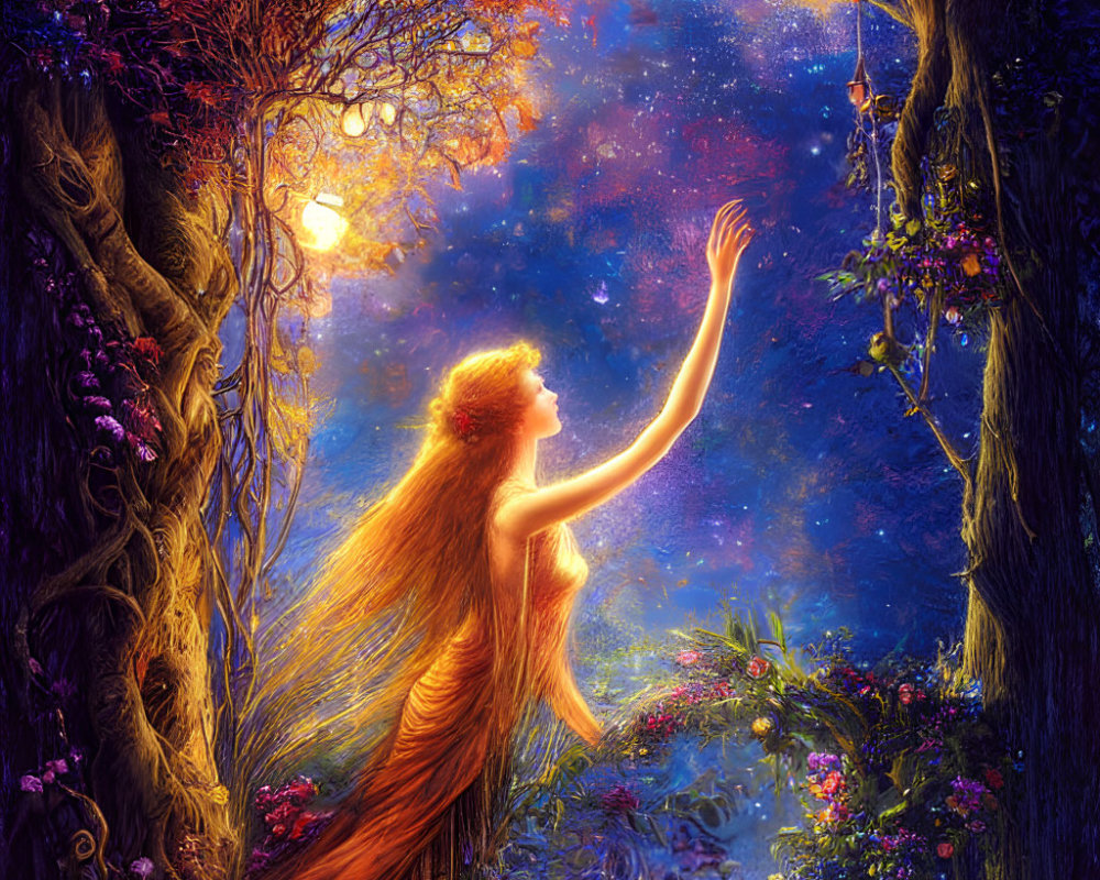Woman with flowing hair in enchanted forest under starry sky