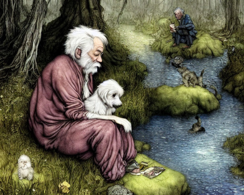 Elderly men in mystical forest with creatures, one reading, the other with dog