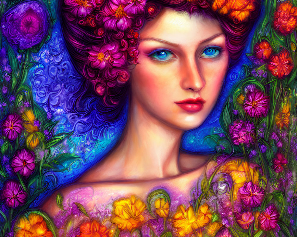 Woman with Blue Eyes Surrounded by Multicolored Flowers on Floral Background
