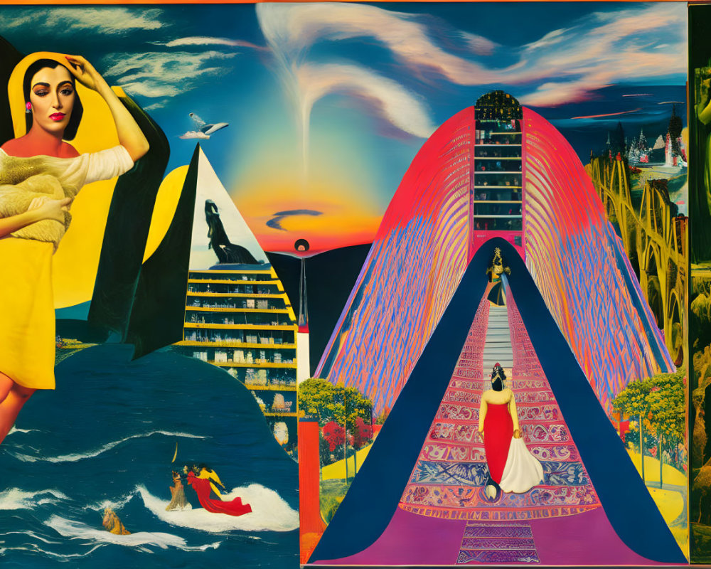 Surreal collage featuring woman, landscapes, Egyptian motifs, surfer, and sunset sky
