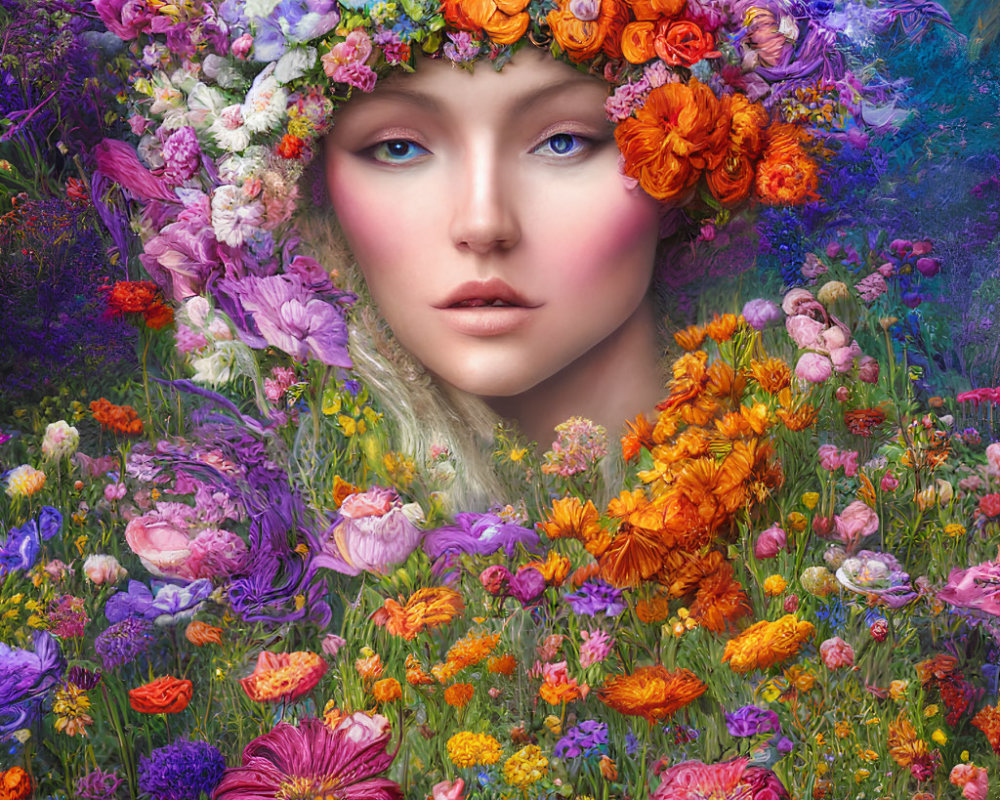 Portrait of woman with floral headdress in colorful garden