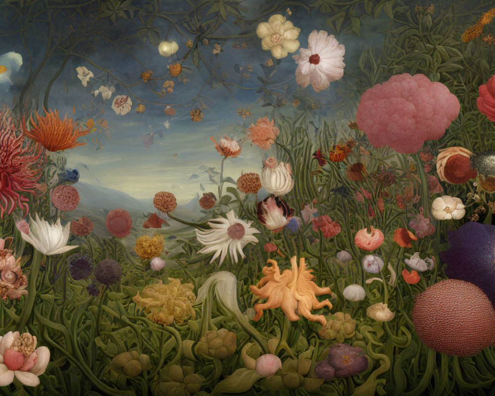 Detailed Painting of Lush Garden with Flowers and Insects Under Twilight Sky