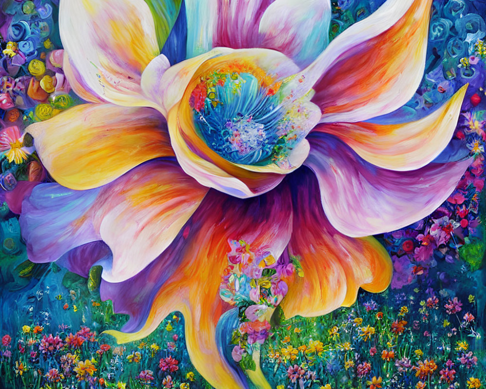 Colorful Surreal Flower Painting with Swirling Petals in Pastel Tones