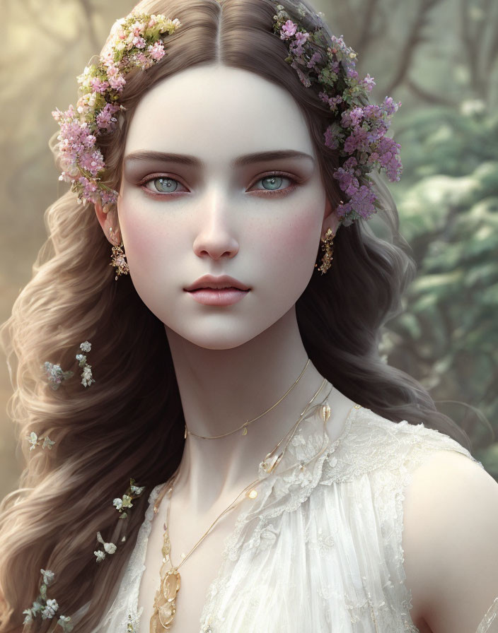 Detailed digital portrait of young woman with floral hair accessories and jewelry.