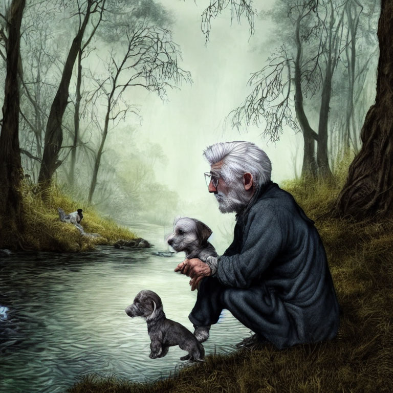 Elderly man with white hair and glasses squatting by river with two small dogs