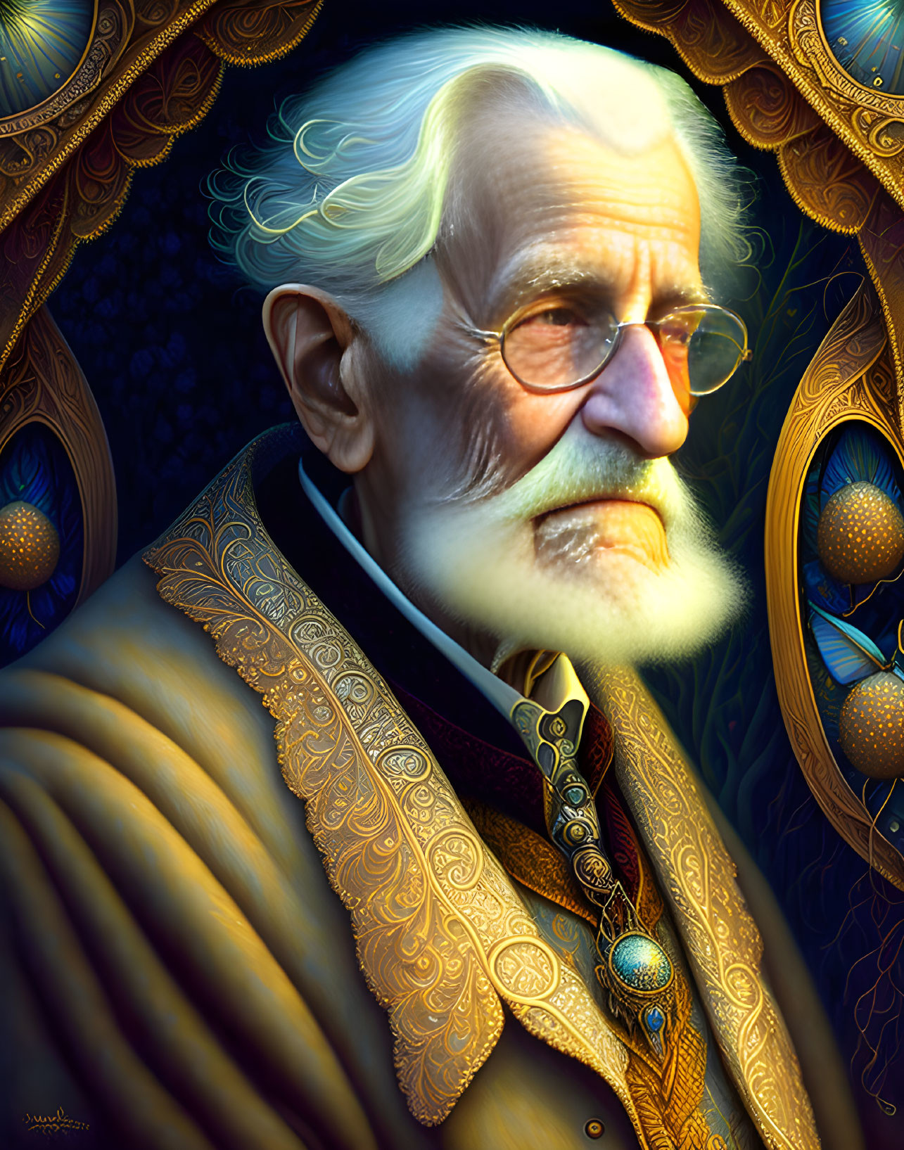 Elderly man with white hair, mustache, glasses, ornate gold-patterned attire.