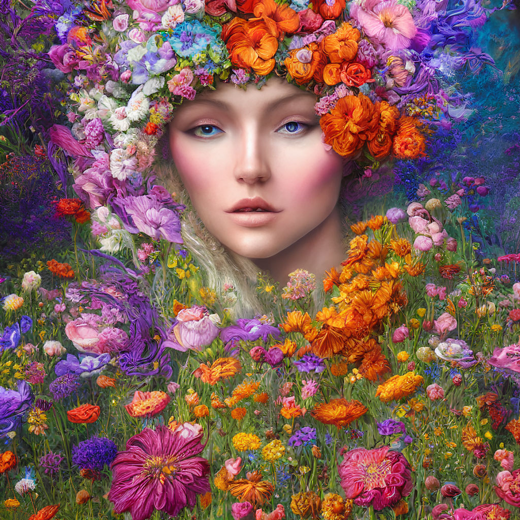 Portrait of woman with floral headdress in colorful garden