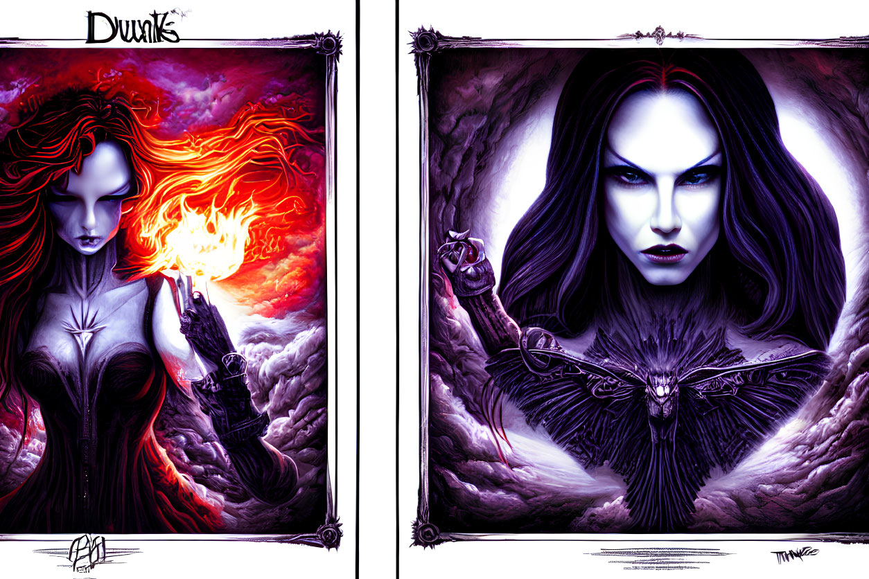 Two gothic fantasy illustrations: woman with flaming hair and fire, pale woman with raven cloak